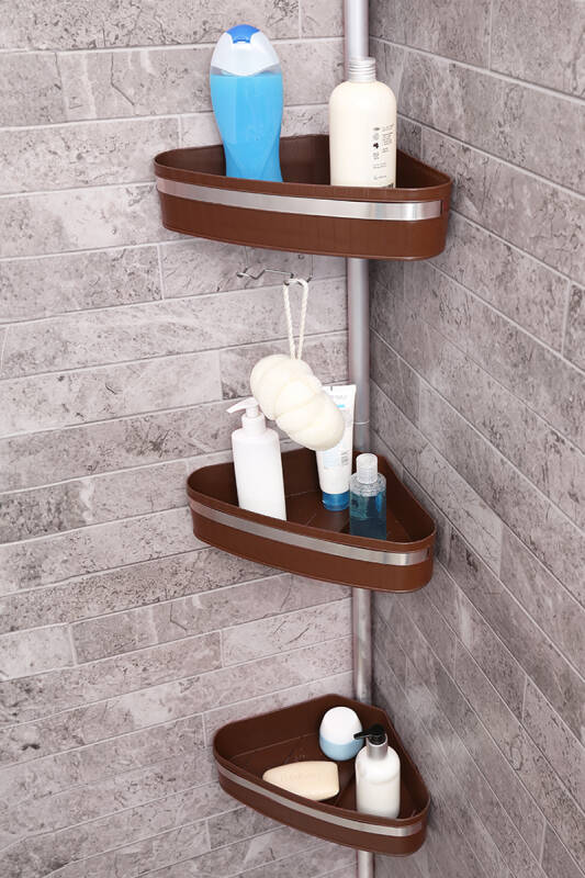 3 Raflı Fina Paslanmaz Alüminyum Banyo Köşe Rafı - Kahverengi (Montaj Gerektirmez.) - 1