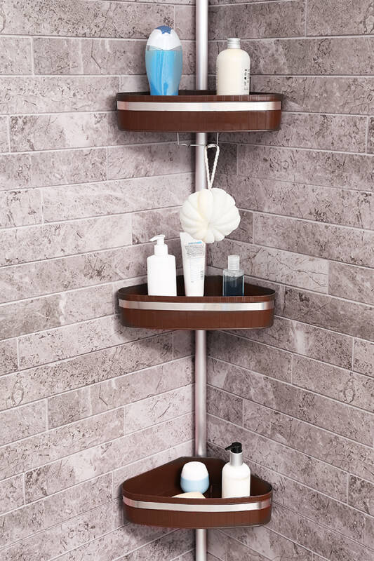 3 Raflı Fina Paslanmaz Alüminyum Banyo Köşe Rafı - Kahverengi (Montaj Gerektirmez.) - 2
