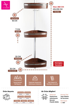 3 Raflı Fina Paslanmaz Alüminyum Banyo Köşe Rafı - Kahverengi (Montaj Gerektirmez.) - 3