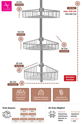 4 Raflı Paslanmaz Alüminyum Banyo Köşe Rafı (E)- Metalik (Montaj Gerektirmez.) - 3