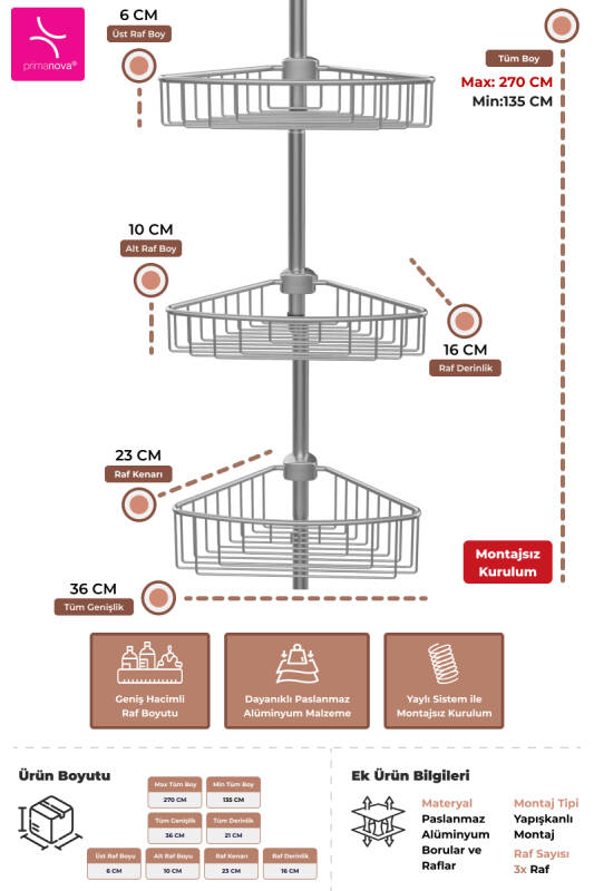 4 Raflı Paslanmaz Alüminyum Banyo Köşe Rafı (E)- Metalik (Montaj Gerektirmez.) - 3