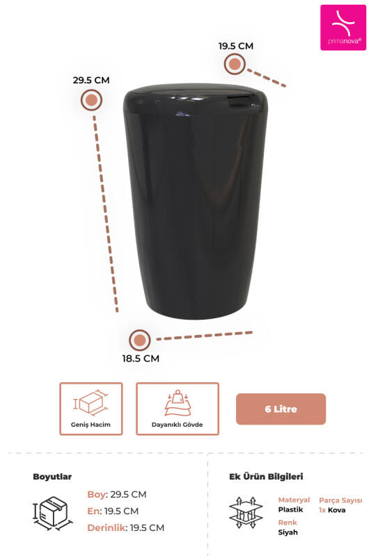 6 LT Banyo Mutfak Tezgah Üstü Çöp kovası - Siyah - 3