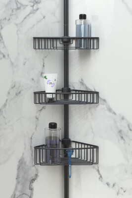 Paslanmaz Aluminyum 3 Raflı Yaylı Banyo Köşe rafı -Siyah - 1