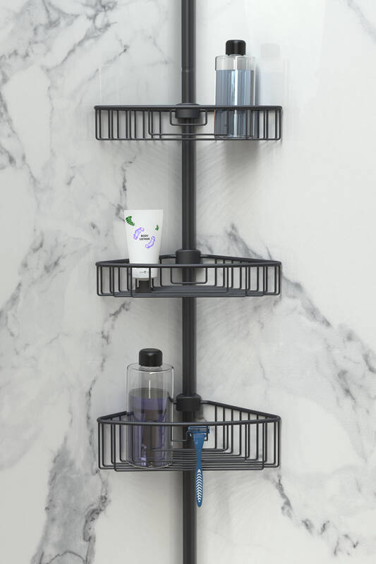 Paslanmaz Aluminyum 3 Raflı Yaylı Banyo Köşe rafı -Siyah - 1