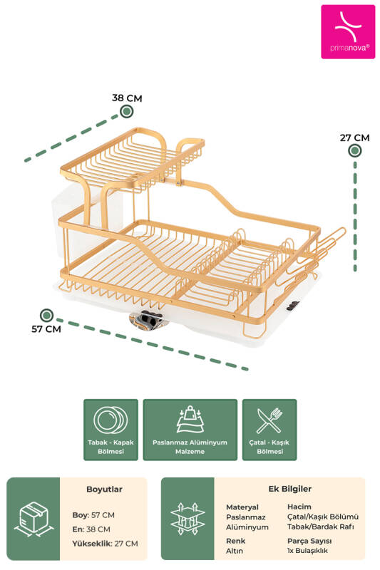 Bianka Paslanmaz Alüminyum İki Katlı Bulaşıklık - Altın - 2