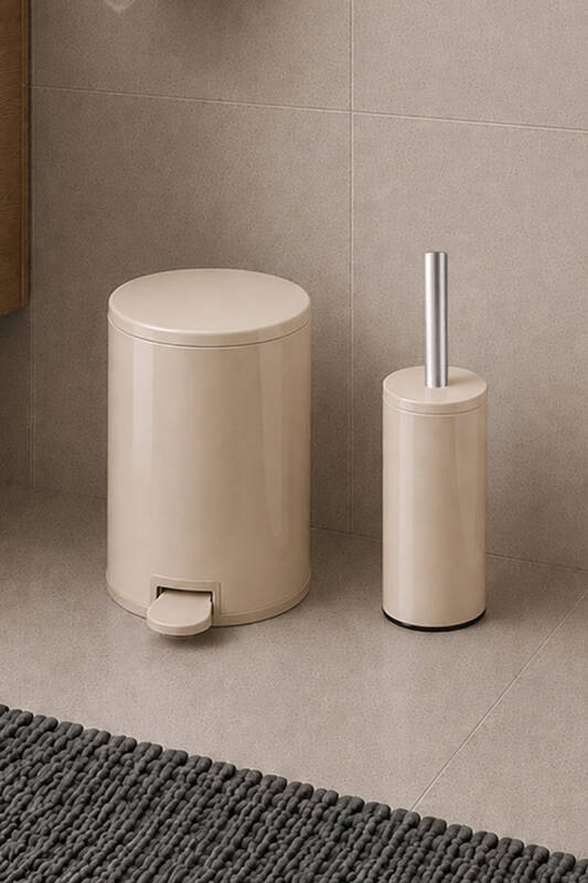 Cigo 2'li Banyo Seti 3 Litre Çelik Çöp Kovası + Tuvalet Fırçası - Bej - 1