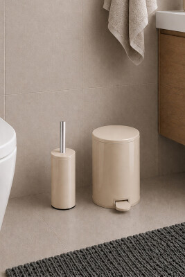 Cigo 2'li Banyo Seti 3 Litre Çelik Çöp Kovası + Tuvalet Fırçası - Bej - 2