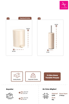Cigo 2'li Banyo Seti 3 Litre Çelik Çöp Kovası + Tuvalet Fırçası - Bej - 3