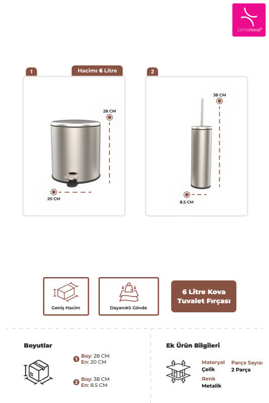 Cigo 2'li Banyo Seti Banyo 6 Litre Çelik Çöp Kovası + Tuvalet Fırçası - Krom - 3