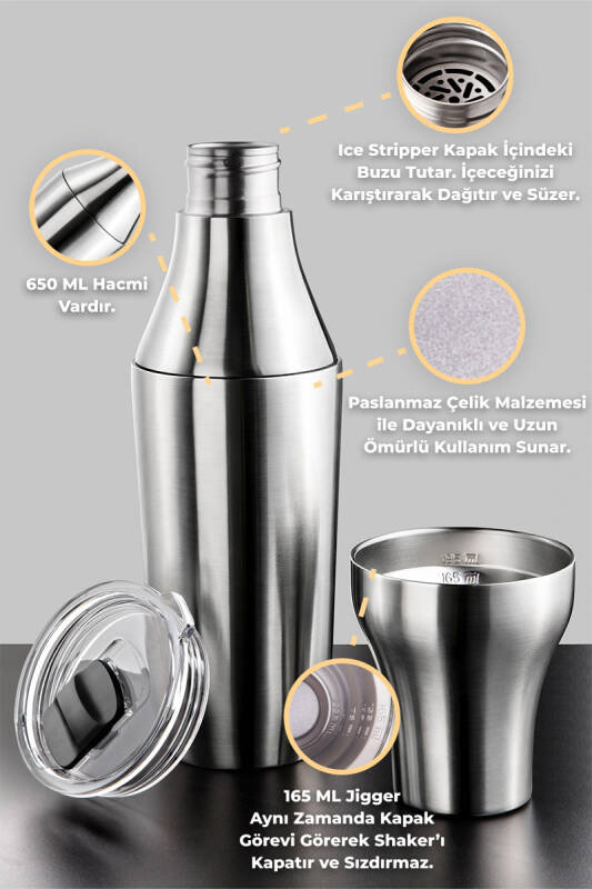 Çok Amaçlı Paslanmaz Çelik Kokteyl Shaker 650 ML - Metalik - 2