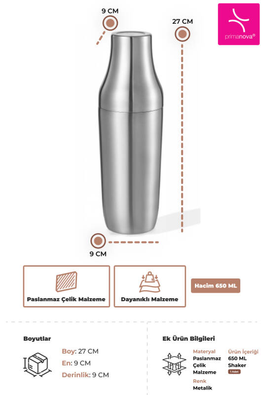 Çok Amaçlı Paslanmaz Çelik Kokteyl Shaker 650 ML - Metalik - 3