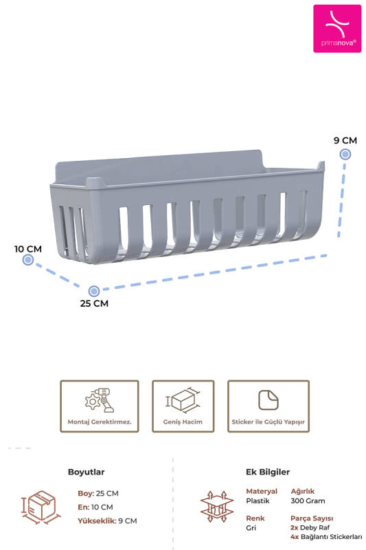 Deby 2'li Yapışkanlı Banyo Rafı Gri - 3
