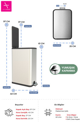 Dikdörtgen Paslanmaz Çöp Kovası 40 Litre - Inox - 3