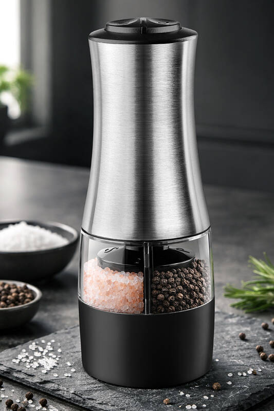 Dual Paslanmaz Çelik Çift Hazneli Otomatik Tuz & Karabiber Öğütücü Pilli - Metalik - 1