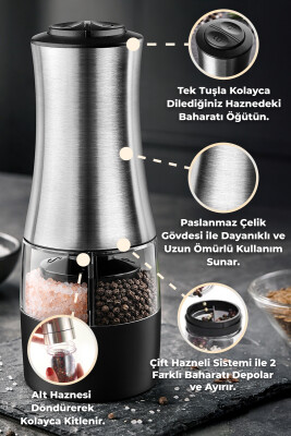 Dual Paslanmaz Çelik Çift Hazneli Otomatik Tuz & Karabiber Öğütücü Pilli - Metalik - Primanova (1)