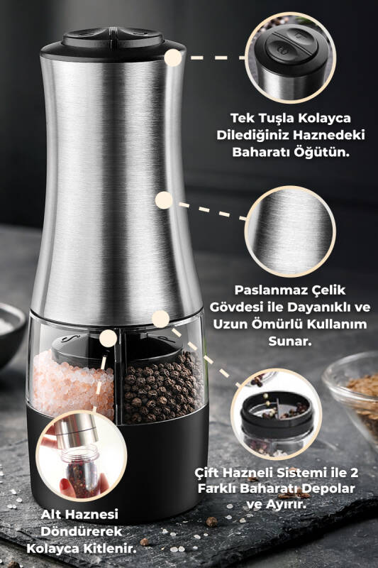 Dual Paslanmaz Çelik Çift Hazneli Otomatik Tuz & Karabiber Öğütücü Pilli - Metalik - 2