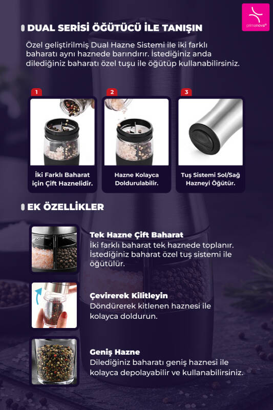 Dual Paslanmaz Çelik Çift Hazneli Otomatik Tuz & Karabiber Öğütücü Pilli - Metalik - 4