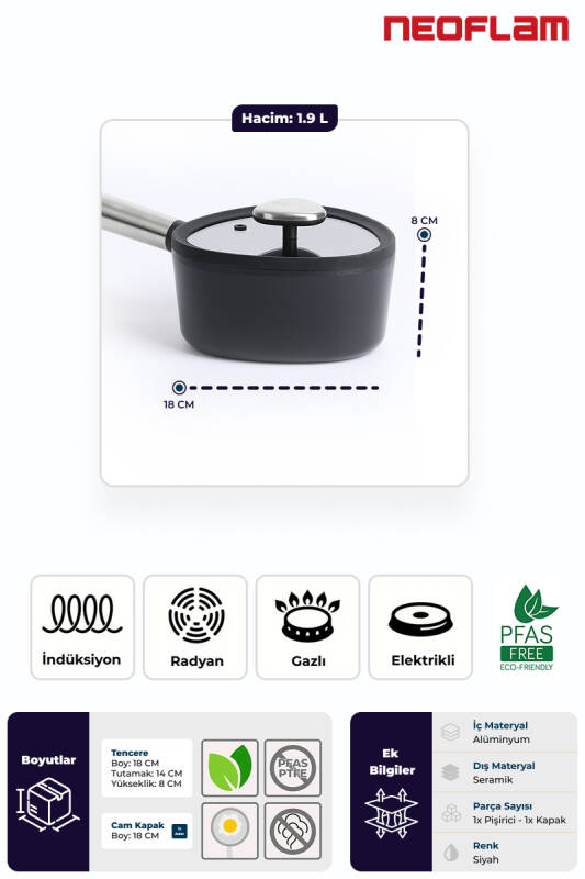 Fika Apex Seramik Kaplama İndüksiyonlu Sos Tenceresi 18 CM - Siyah - 3