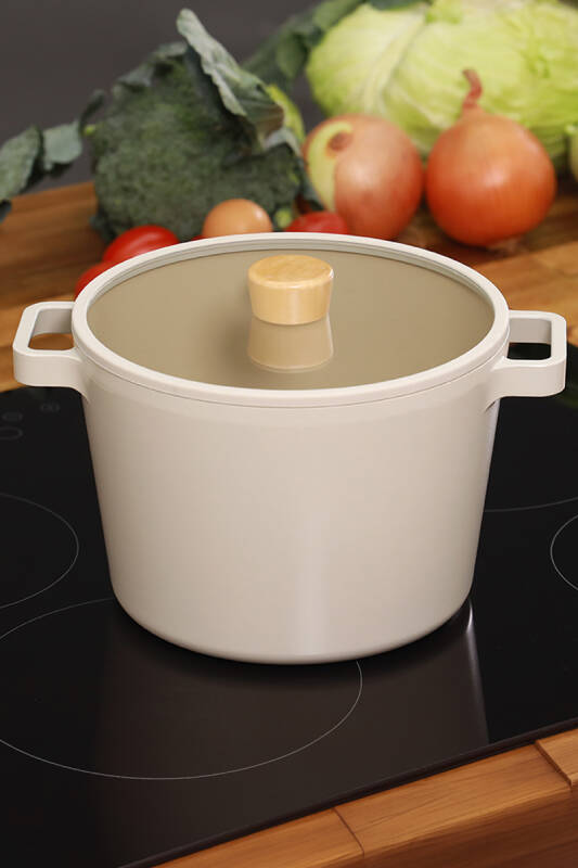 Fika Cam Kapaklı Alüminyum Döküm Derin Tencere 22Cm, Bej - 6