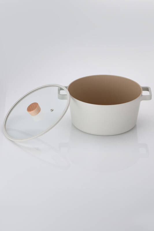 Fika Cam Kapaklı Alüminyum Döküm Derin Tencere 22Cm, Bej - 2