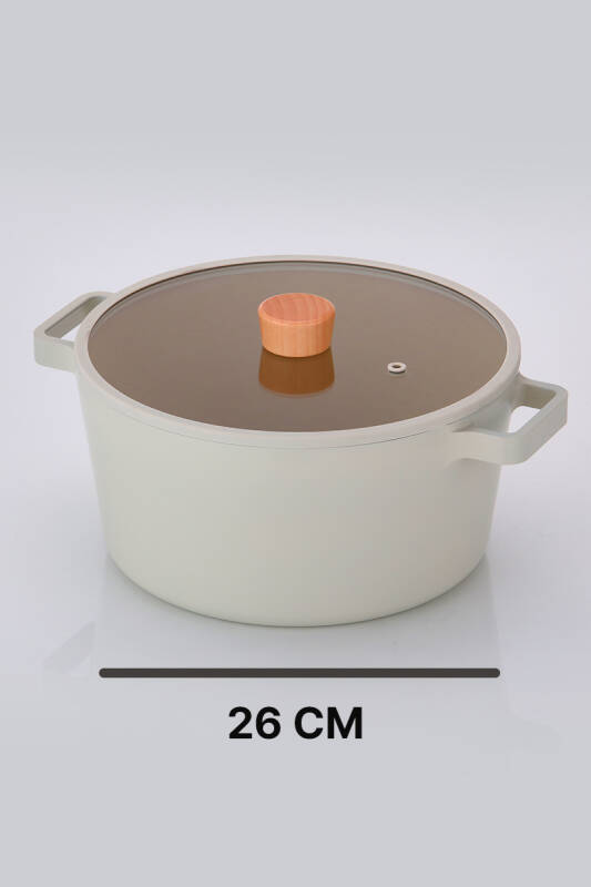 Fika Cam Kapaklı Alüminyum Döküm Derin Tencere 26 Cm, Bej - 3
