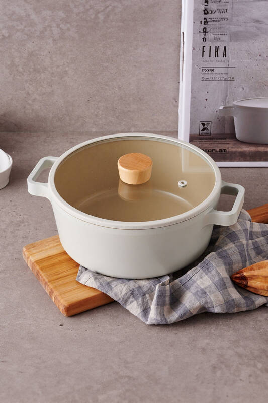 Fika Cam Kapaklı Alüminyum Döküm Tencere 22Cm, Bej - 7