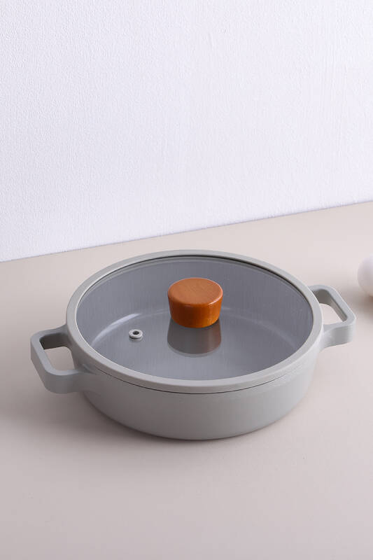 Fika Seramik Kaplama Cam Kapaklı Alüminyum Döküm Sahan 22 CM - Gri - 1