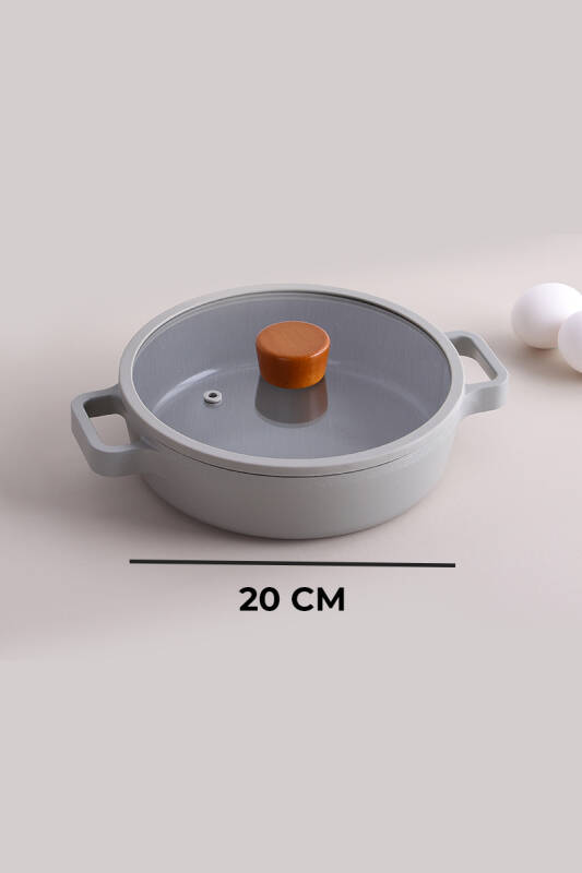 Fika Seramik Kaplama Cam Kapaklı Alüminyum Döküm Sahan 22 CM - Gri - 3