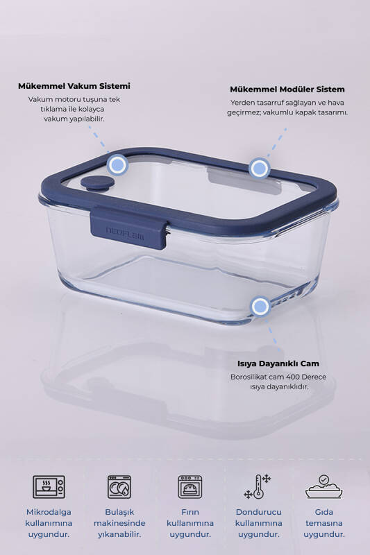 Fika Glace Vakumlu Cam Saklama Kabı 1200ML Mavi - 3