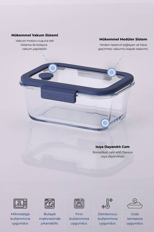 Fika Glace Vakumlu Cam Saklama Kabı 1900ML Mavi - 3