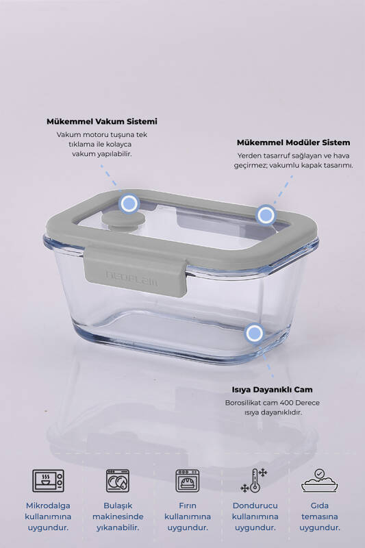 Fika Glace Vakumlu Cam Saklama Kabı 460ML Gri - 3