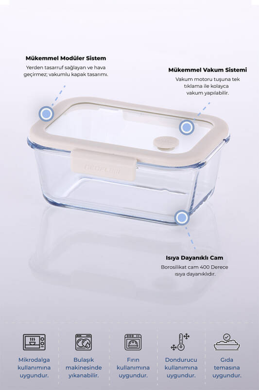 Fika Glace Vakumlu Cam Saklama Kabı 800ML Bej - 7