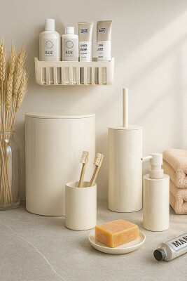 Flores Banyo Seti + Yapışkanlı Raf - Bej - Primanova