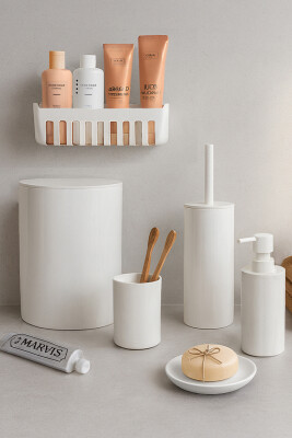 Flores Banyo Seti + Yapışkanlı Raf - Beyaz - Primanova