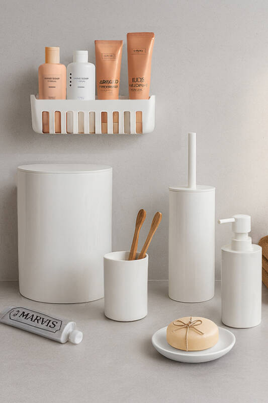 Flores Banyo Seti + Yapışkanlı Raf - Beyaz - 1