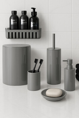 Flores Banyo Seti + Yapışkanlı Raf - Gri - Primanova