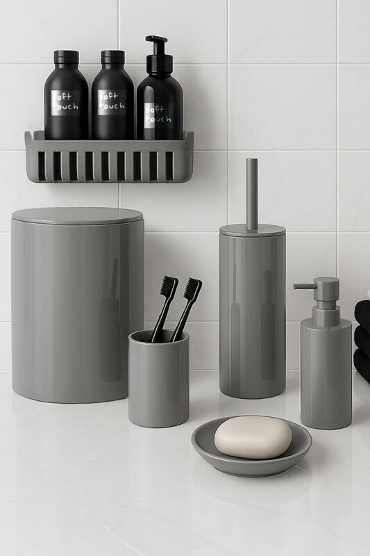 Flores Banyo Seti + Yapışkanlı Raf - Gri - 1