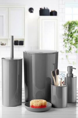 Flores Banyo Seti + Yapışkanlı Raf - Gri - Primanova (1)