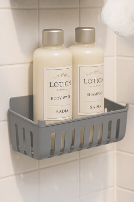 Flores Banyo Seti + Yapışkanlı Raf - Gri - 4