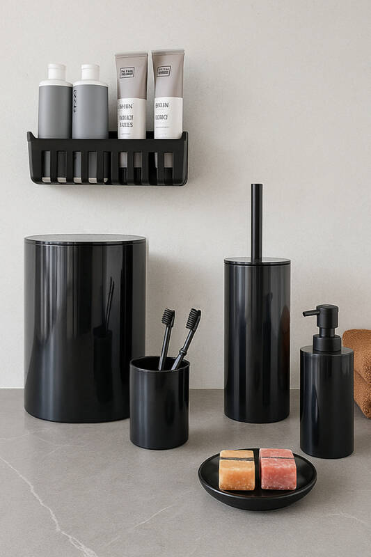 Flores Banyo Seti + Yapışkanlı Raf - Siyah - 1