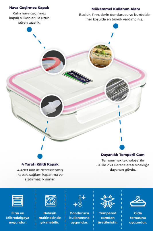 Glasslock Dikdörtgen Cam Saklama Kabı - 2000 ML - 4