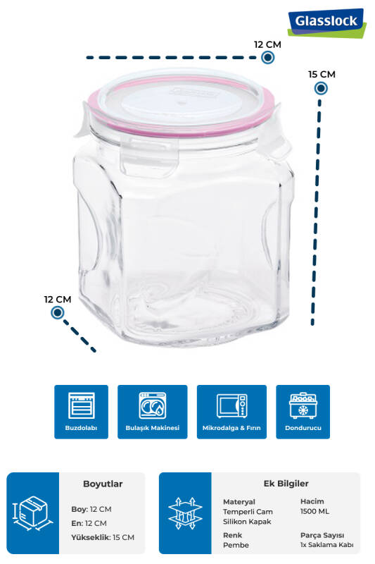Glasslock Kare Cam Kavanoz 1500 Ml - 3
