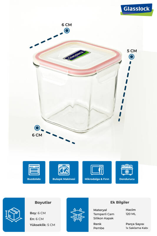 Glasslock Kare Cam Saklama Kabı - 120 ML - 2