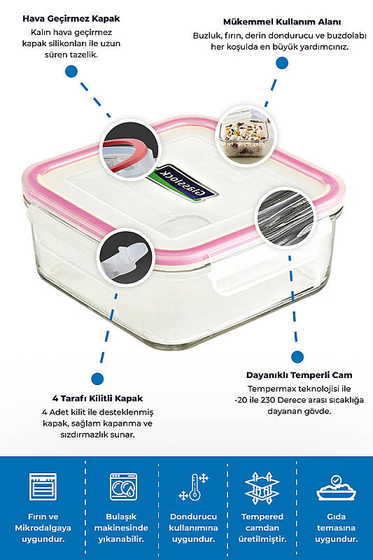 Glasslock Kare Cam Saklama Kabı - 2600 Ml - 4