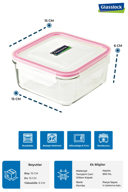 Glasslock Kare Cam Saklama Kabı 900 ML - 3