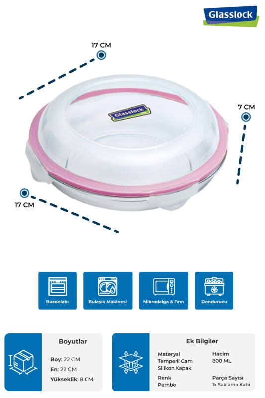 Glasslock Yuvarlak Plus Cam Saklama Kabı - 800 ML - 3