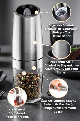 Gravity Paslanmaz Çelik Otomatik Tuz & Karabiber Öğütücü Pilli - Metalik - Primanova (1)