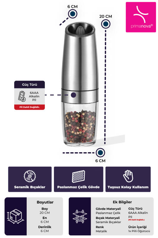 Gravity Paslanmaz Çelik Otomatik Tuz & Karabiber Öğütücü Pilli - Metalik - 3