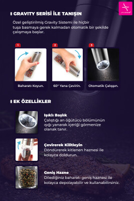 Gravity Paslanmaz Çelik Otomatik Tuz & Karabiber Öğütücü Pilli - Metalik - 4