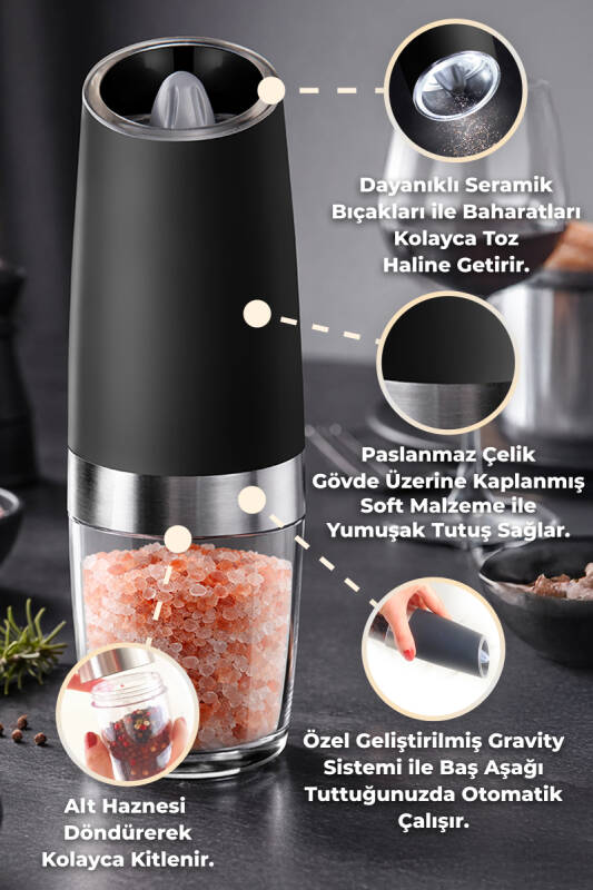Gravity Paslanmaz Çelik Otomatik Tuz & Karabiber Öğütücü Pilli - Siyah - 2